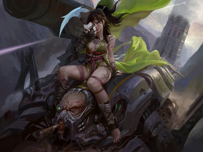 Akali from League of Legends on a mech