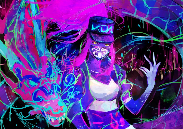 Akali from League of Legends with a dragon