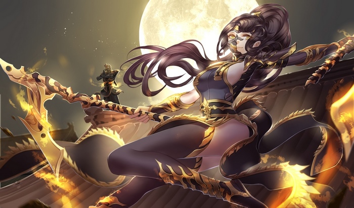 Akali from League of Legends with a large moon