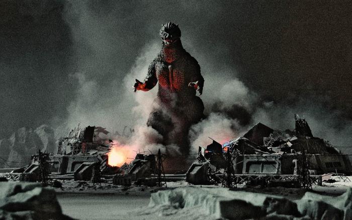 Godzilla amidst destruction