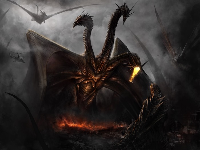 King Ghidorah and other monsters attacking a city