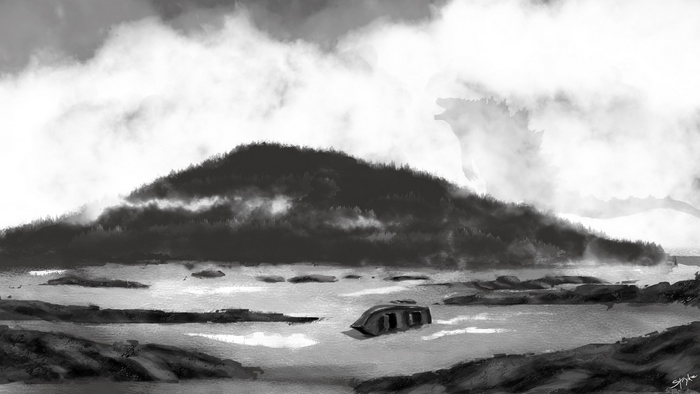 Godzilla emerging from the ocean near a forested island