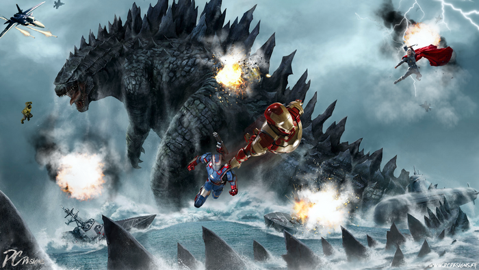 Godzilla vs. Iron Man, War Machine, and Thor