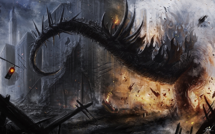 Godzilla destroying a city