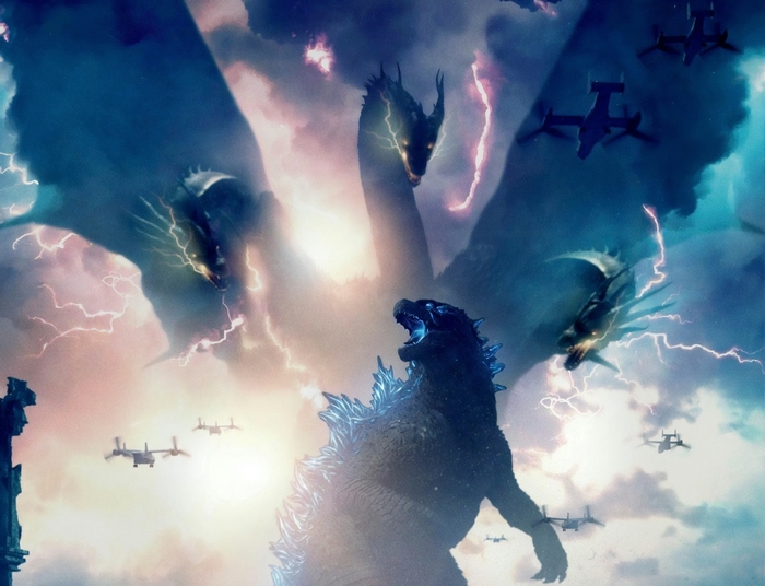 Godzilla and Ghidorah battle with aircraft