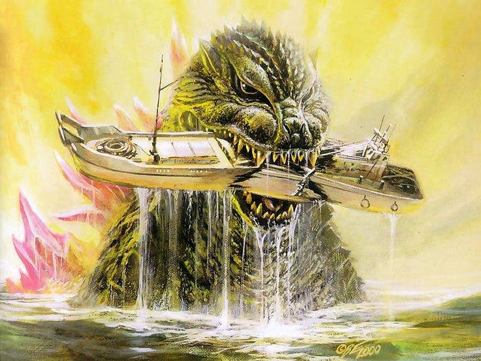 Godzilla holding a boat in its mouth