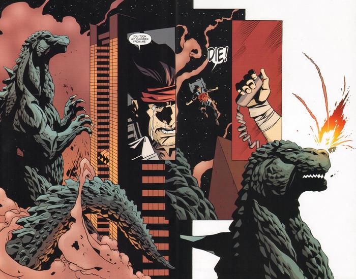 Godzilla attacking a city with a crying man