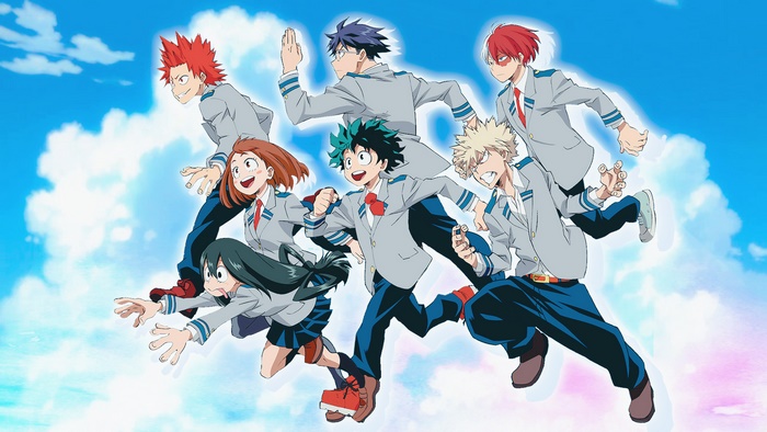 My Hero Academia characters running in the sky