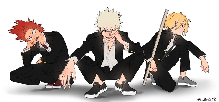 Eijiro Kirishima and Two Characters in Black Uniforms