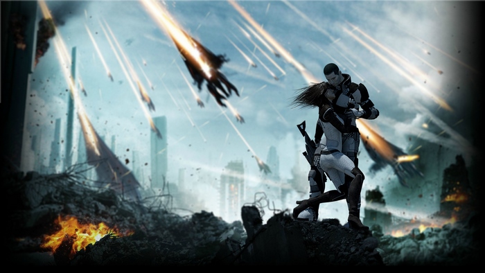 Commander Shepard in Mass Effect during an attack