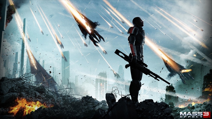 Commander Shepard from Mass Effect 3 in a destroyed city