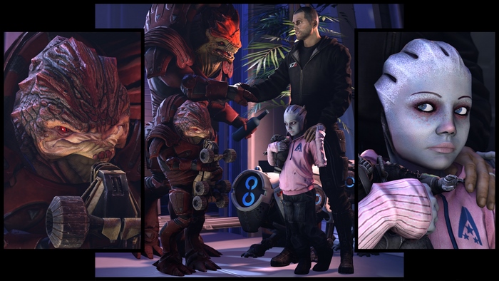 Commander Shepard with Krogan and Asari family