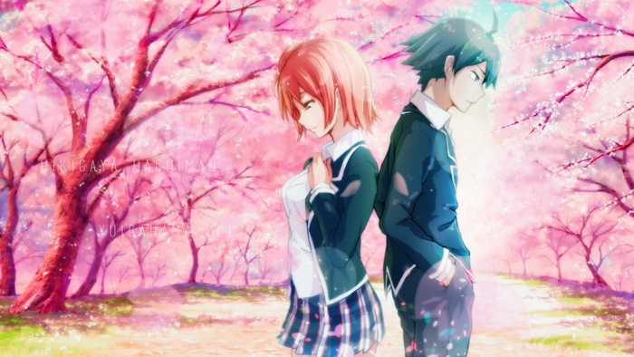 Yui Yuigahama and Hachiman Hikigaya under Cherry Blossoms