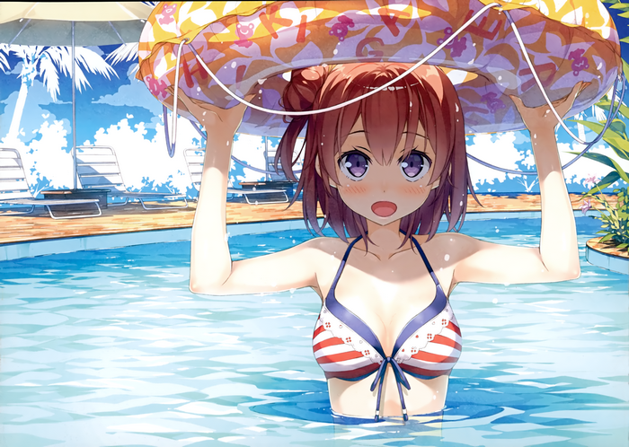 Yui Yuigahama in Striped Bikini Holding Inflatable Tube