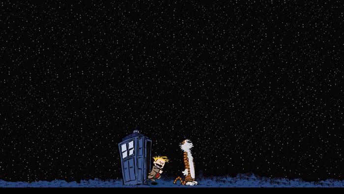 Calvin and Hobbes with the TARDIS from Doctor Who