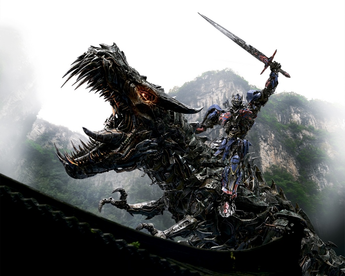 Optimus Prime riding a dragon in mountains