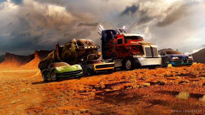 Optimus Prime and other Transformers in a desert