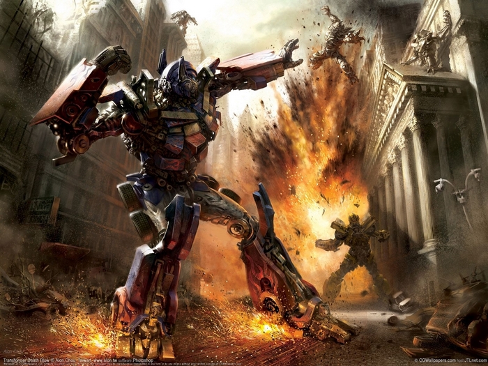 Optimus Prime fighting in a city
