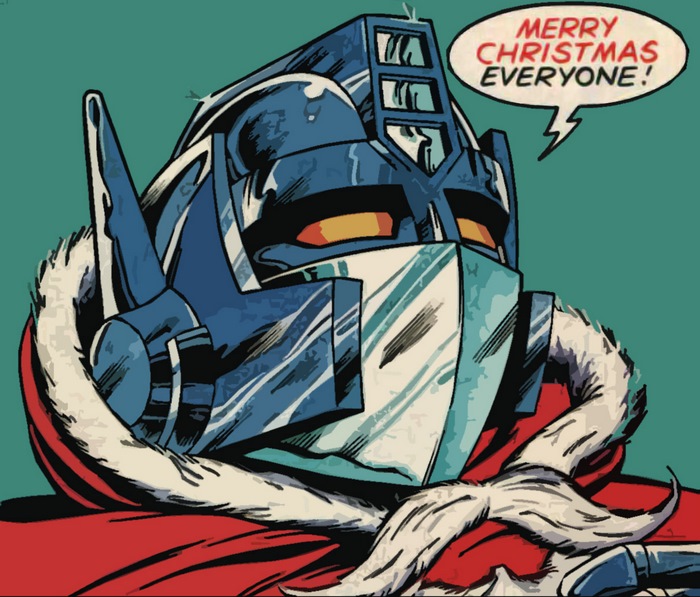Optimus Prime from Transformers wearing Santa Claus costume