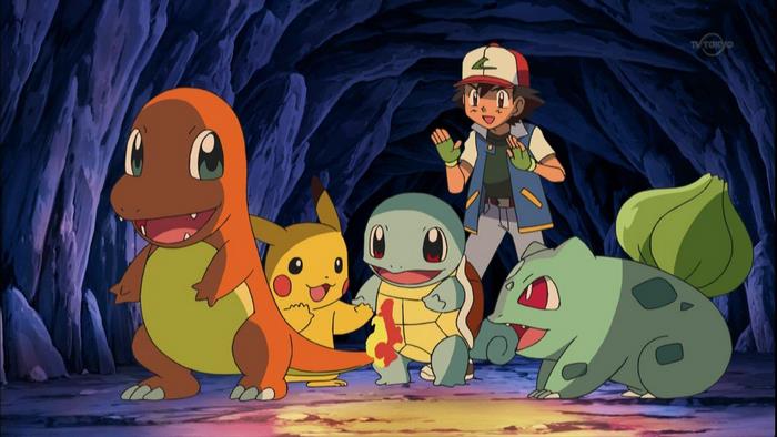 Ash and Pokémon in a cave