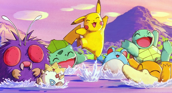 Pokemon characters playing in water with mountains in background
