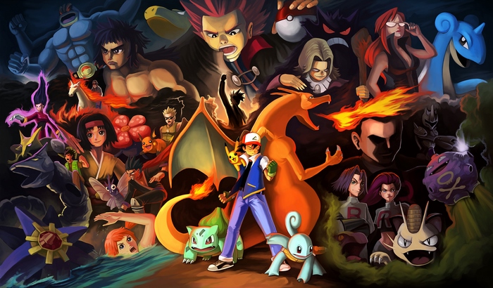 Pokémon characters and creatures in a dramatic battle scene
