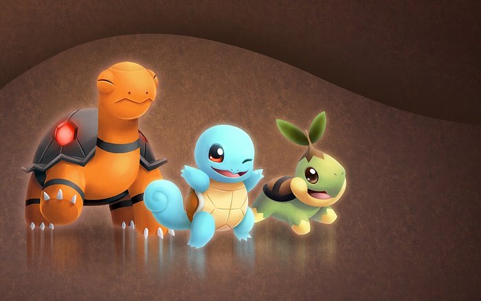 Three Pokémon: Torkoal, Squirtle, and Turtwig