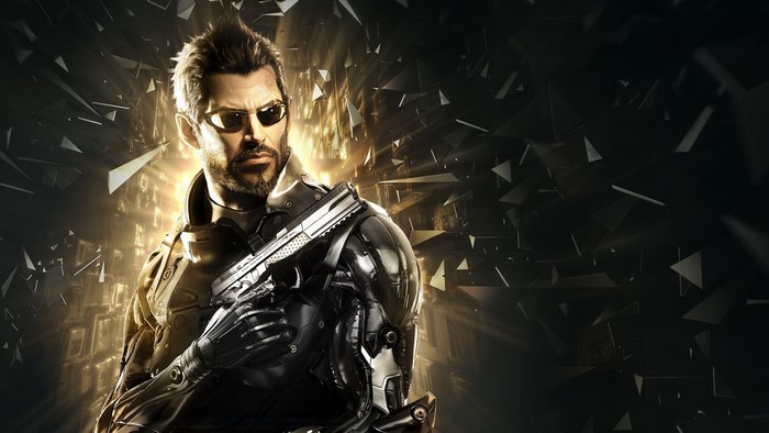 Adam Jensen from Deus Ex holding a gun