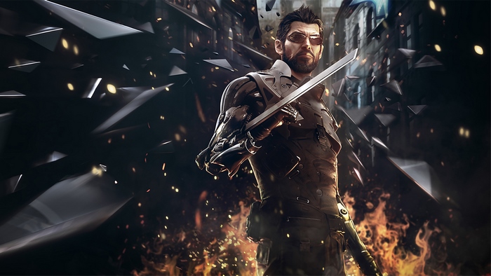Adam Jensen from Deus Ex holding a sword