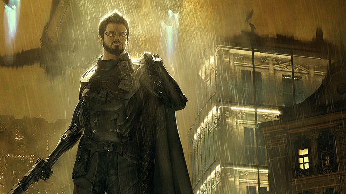 Adam Jensen in a rainy city
