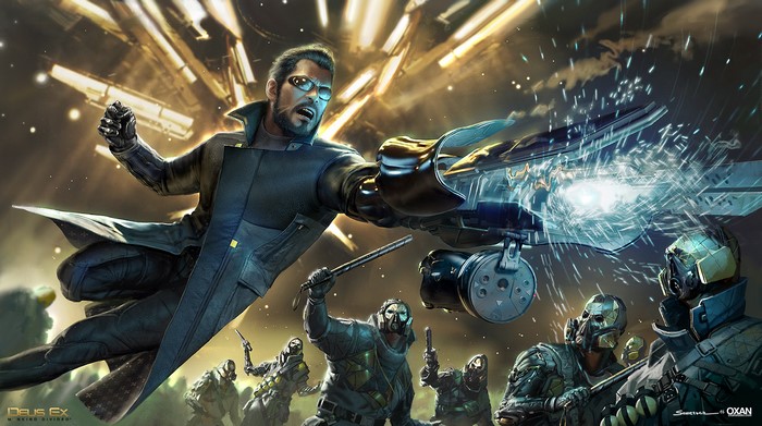 Adam Jensen from Deus Ex fighting enemies