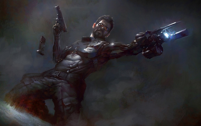 Adam Jensen from Deus Ex holding a gun
