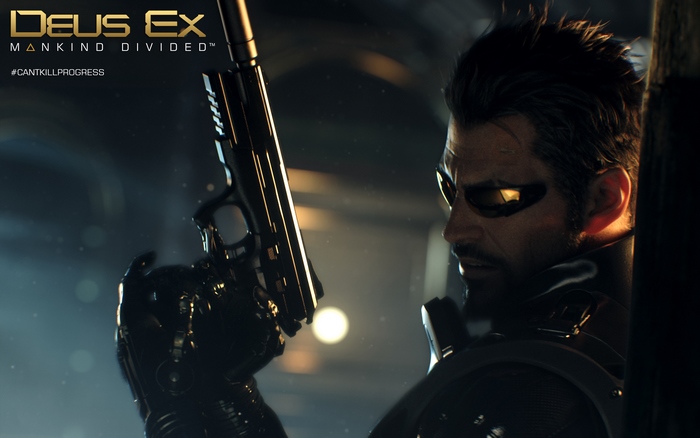 Adam Jensen from Deus Ex: Mankind Divided holding a gun