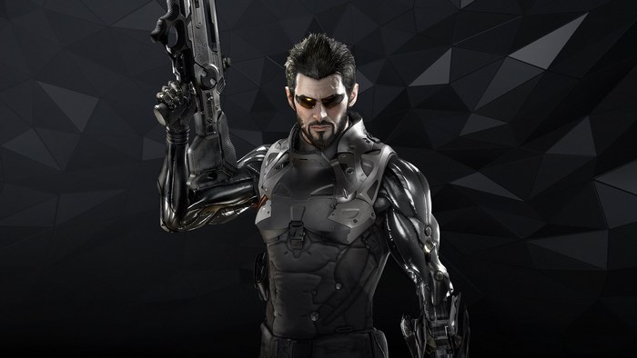 Adam Jensen from Deus Ex holding a gun