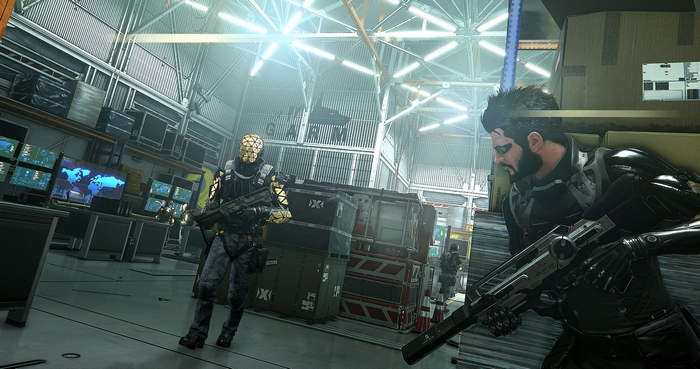Adam Jensen in a warehouse