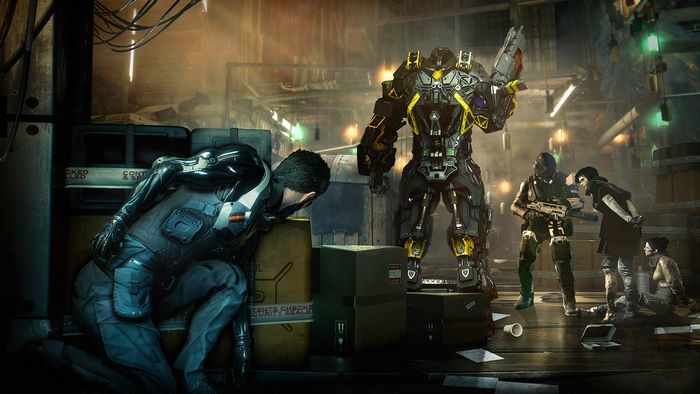 Adam Jensen and allies in a warehouse