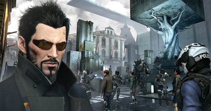 Adam Jensen in a futuristic city