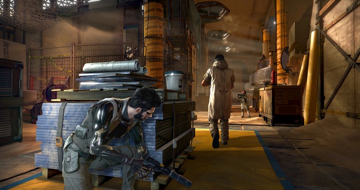 Adam Jensen from Deus Ex in a warehouse