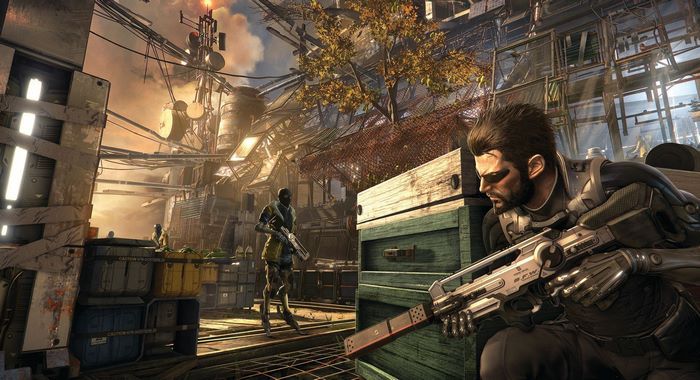 Adam Jensen from Deus Ex in a futuristic urban environment
