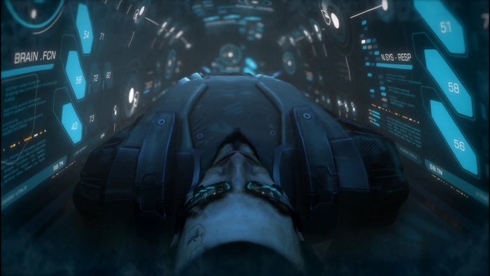 Adam Jensen in a futuristic medical bay