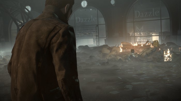 Adam Jensen in a destroyed Dazzle store