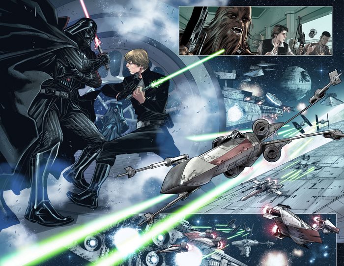 Darth Vader and Luke Skywalker duel, Star Wars space battle