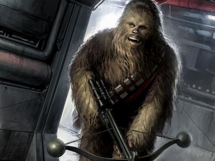 Chewbacca from Star Wars holding a bowcaster