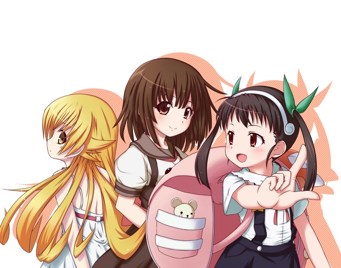 Nadeko Sengoku and two girls with a backpack