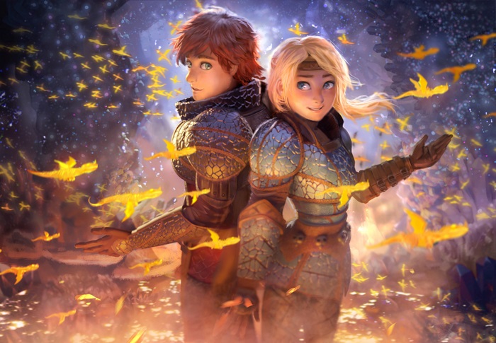 Hiccup and Astrid with dragons