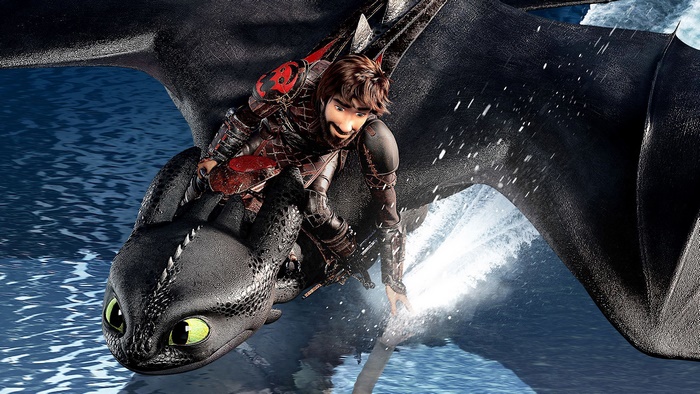 Hiccup and Toothless flying over water