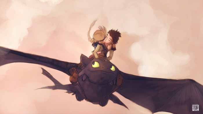 Hiccup and Astrid riding Toothless