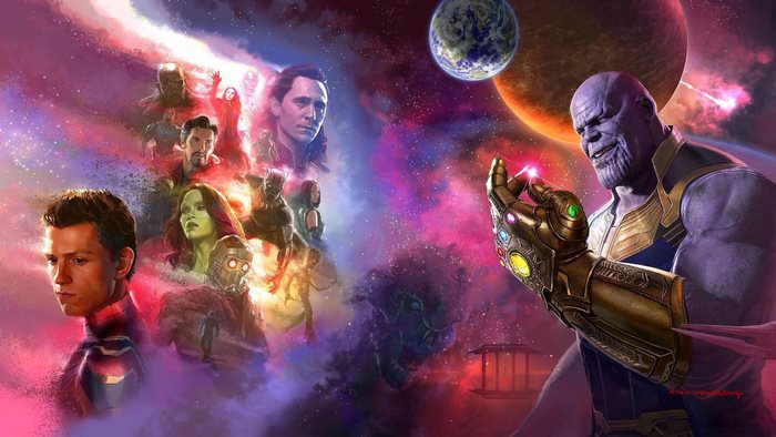 Thanos with Infinity Gauntlet and Avengers in Space