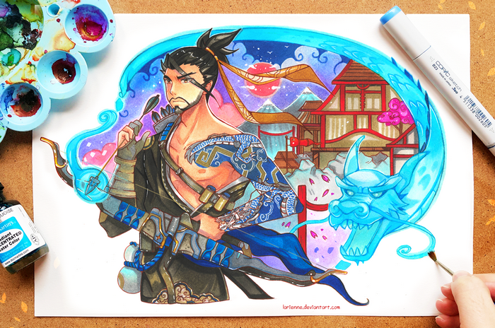Hanzo from Overwatch with a blue dragon and Japanese village
