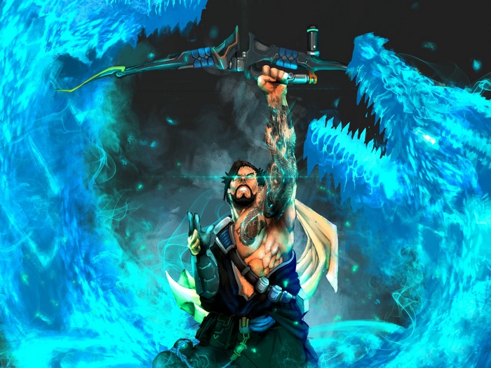 Hanzo from Overwatch with blue dragons
